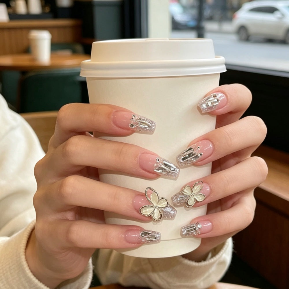 Glamorous Press-On Nail Set with Floral and Glitter Accents Bowlift