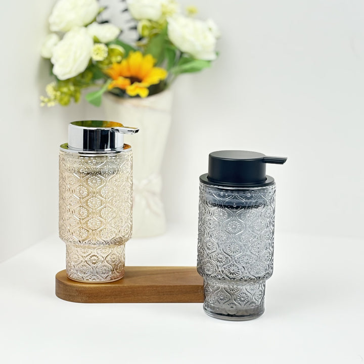 Embossed vintage glass vanity organizer set with pump dispenser and toothbrush cup Bowlift