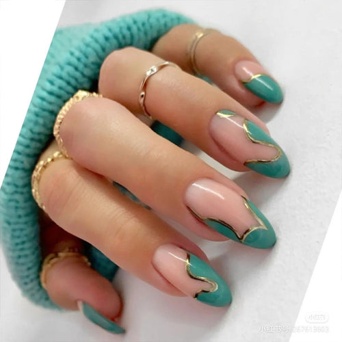 Artistic Press-On Nail Set with Unique Wave Design and Gold Accents Bowlift