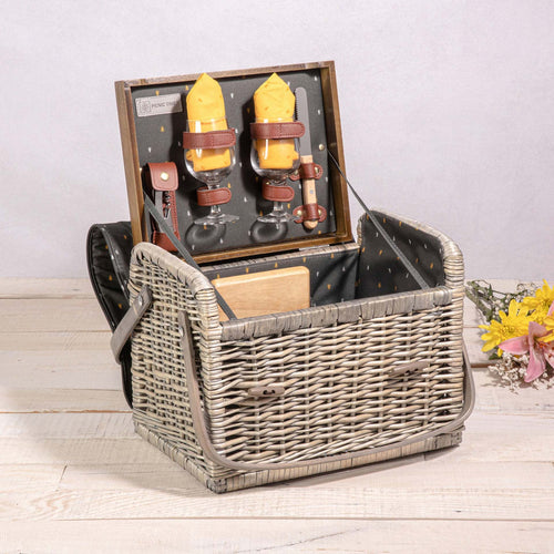 Ladies stylish picnic basket with integrated wine glasses and accessories Bowlift