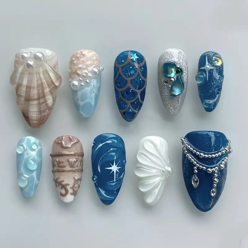 Artistic Ocean-Themed Press-On Nail Art Bowlift