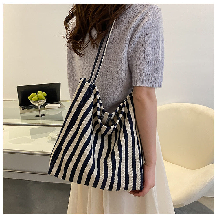 Striped Canvas Shoulder Tote Bag