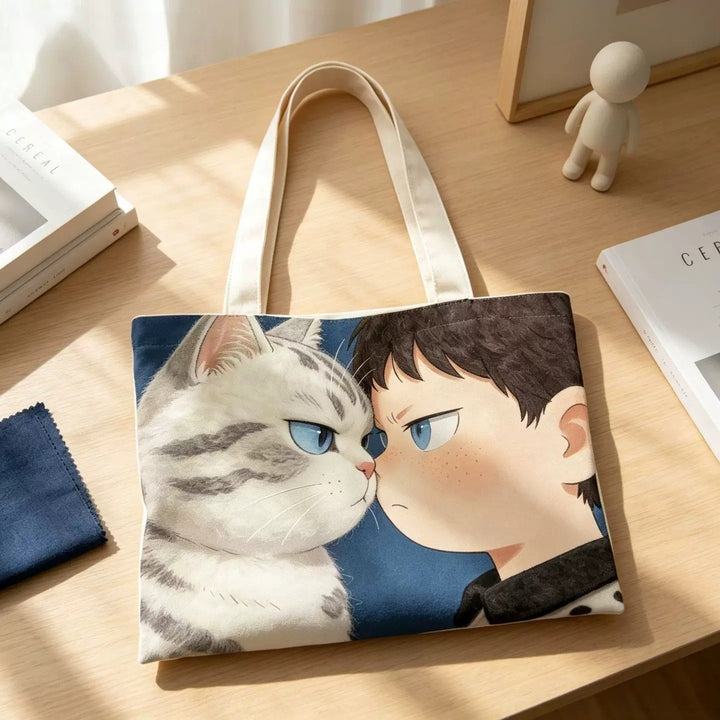 Illustrated Cat and Boy Canvas Tote Bag