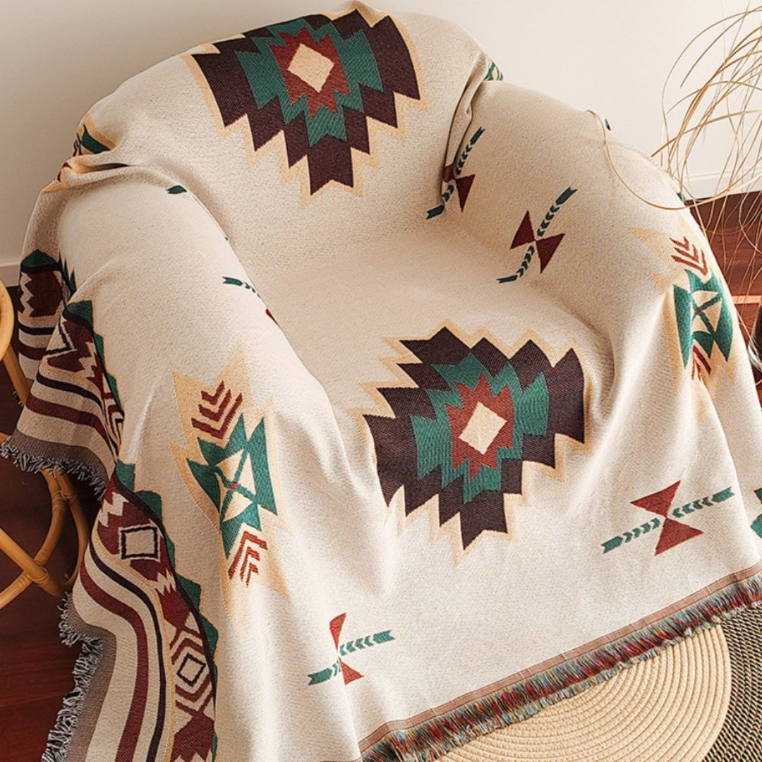 Waffle Weave Cotton-Linen Fringe Sofa Throw Blanket Bowlift