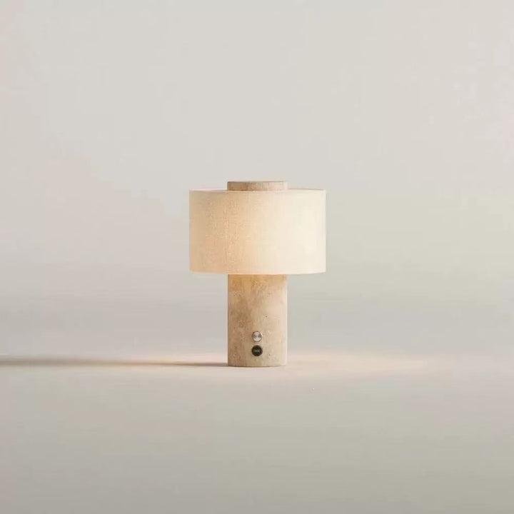Sculpted natural stone table lamp with fabric drum shade and dimmer Bowlift