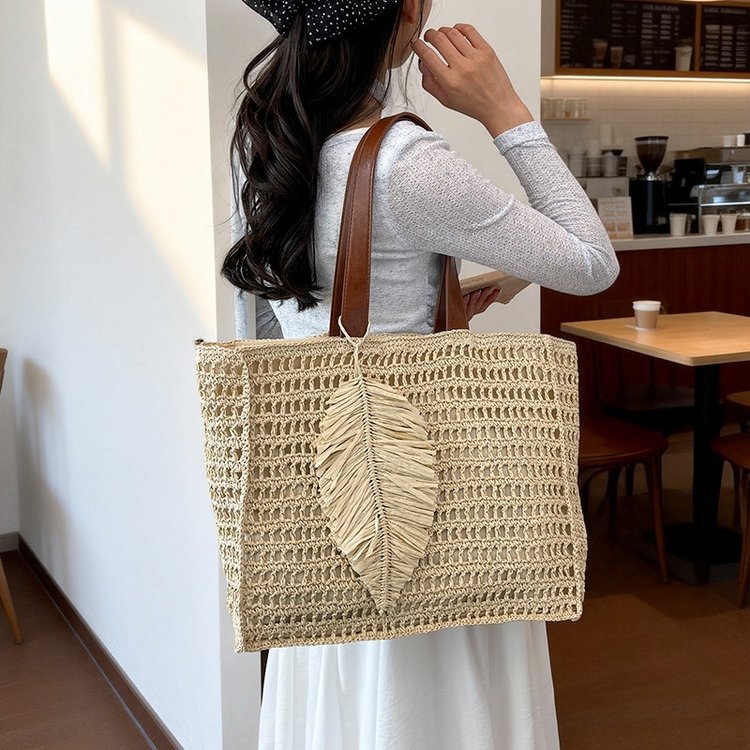 Macramé Beach Bag with Leather Accents Bowlift