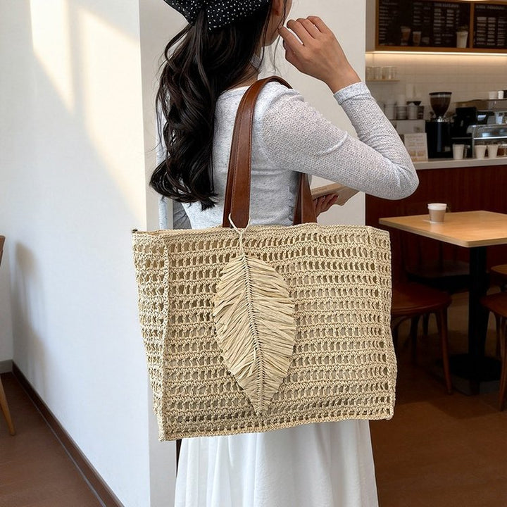 Macramé Beach Bag with Leather Accents Bowlift