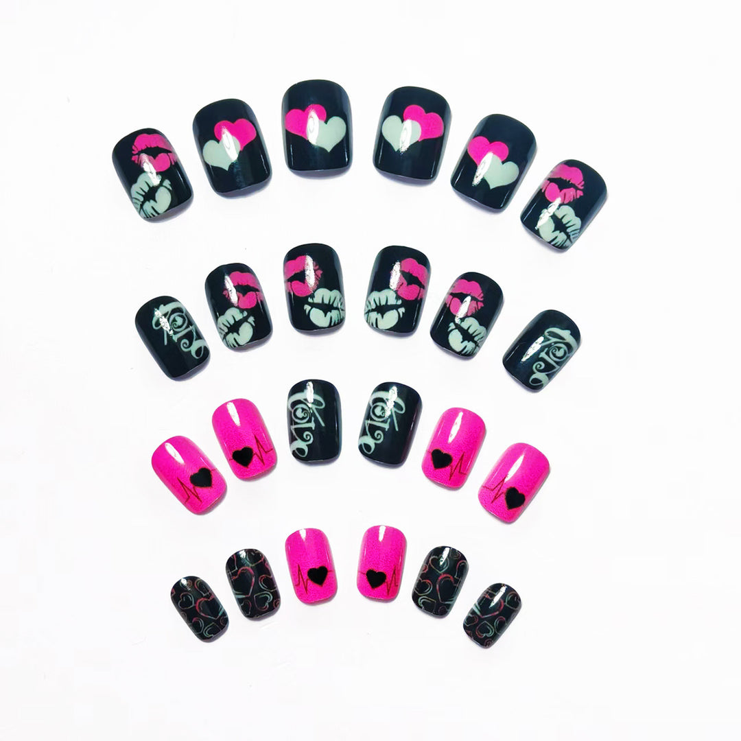 Acrylic nail design with hearts and kiss motifs Bowlift
