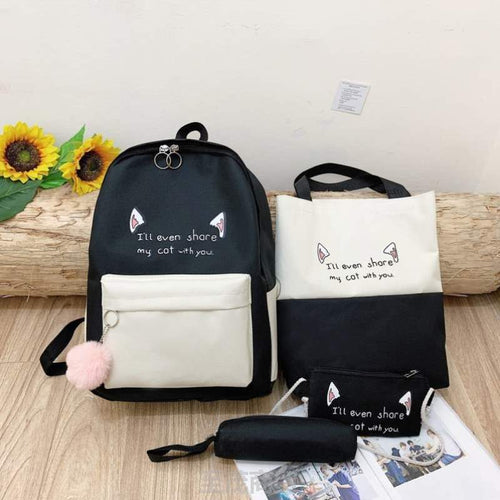 Fun-Themed Cat Print Backpack Set Bowlift