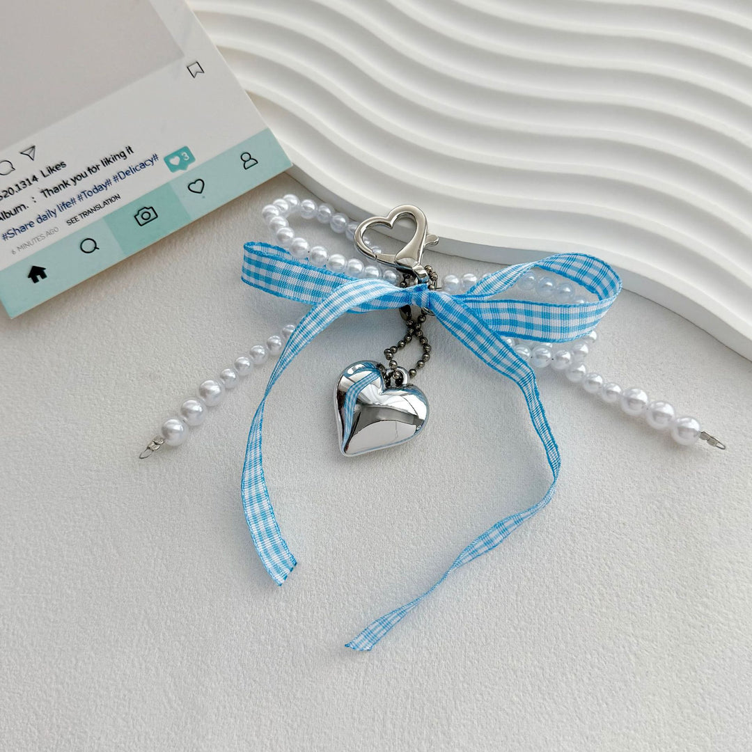 Heart-Shaped Charm Keychain with Pearls and Bow Bowlift