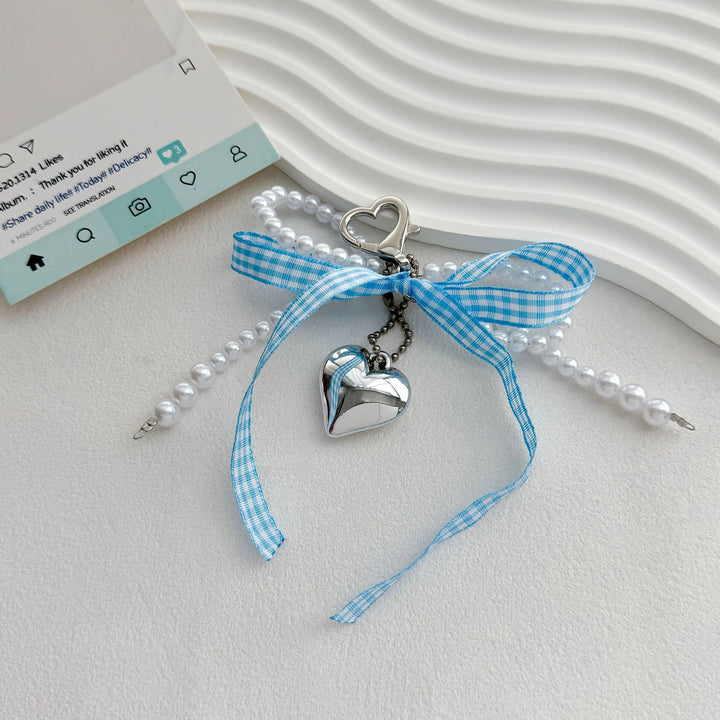Heart-Shaped Charm Keychain with Pearls and Bow Bowlift