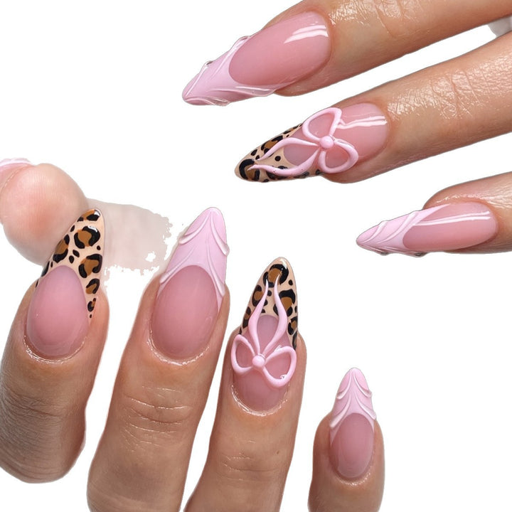 Acrylic Nail Set with Creative Leopard and Bow Accents Bowlift