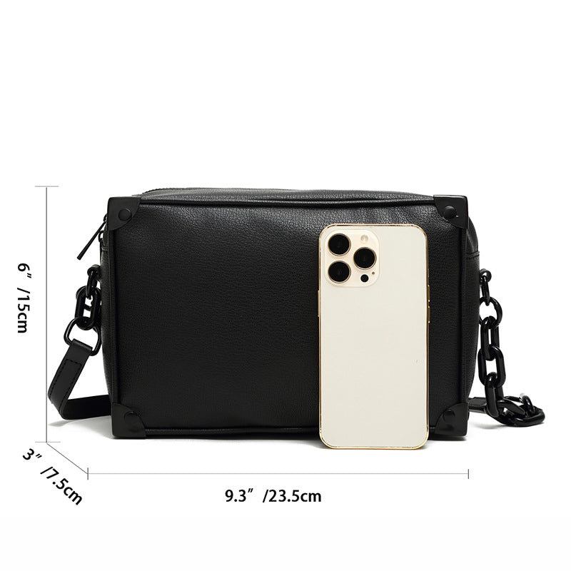 Rectangular Leather Crossbody Bag with Chain Strap and Front Zipper Pocket Bowlift