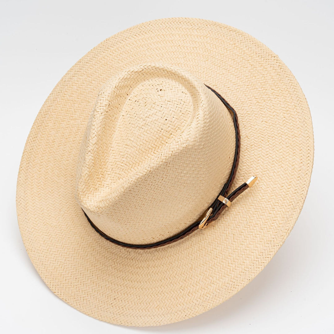 Straw Flat Brim Hat with Leather Trim | Bowlift