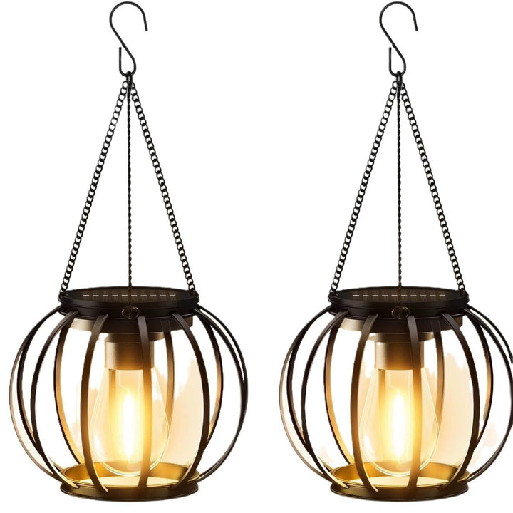 Solar Hanging Outdoor Lanterns With Vintage-Style LED Filament Bulb And Metal Cage Waterproof Suspension Bowlift