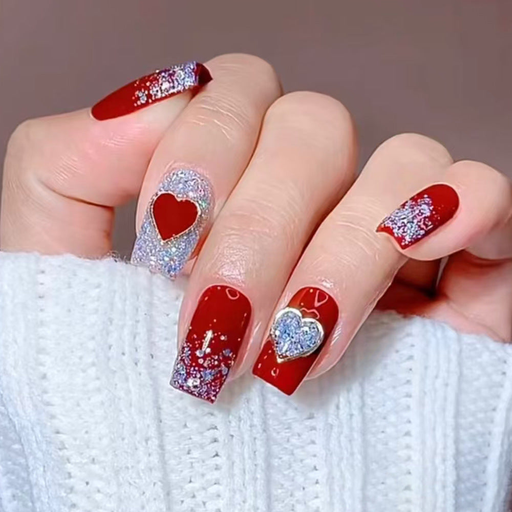 Artistic Heart-Embellished Press-On Nails Bowlift