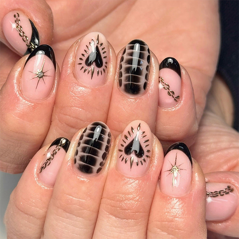 Decorative Press-On Nail Set with Artistic Heart and Star Designs Bowlift