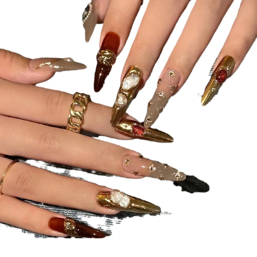 Artistic Press-On Nail Set with Luxury Gemstone Accents Bowlift