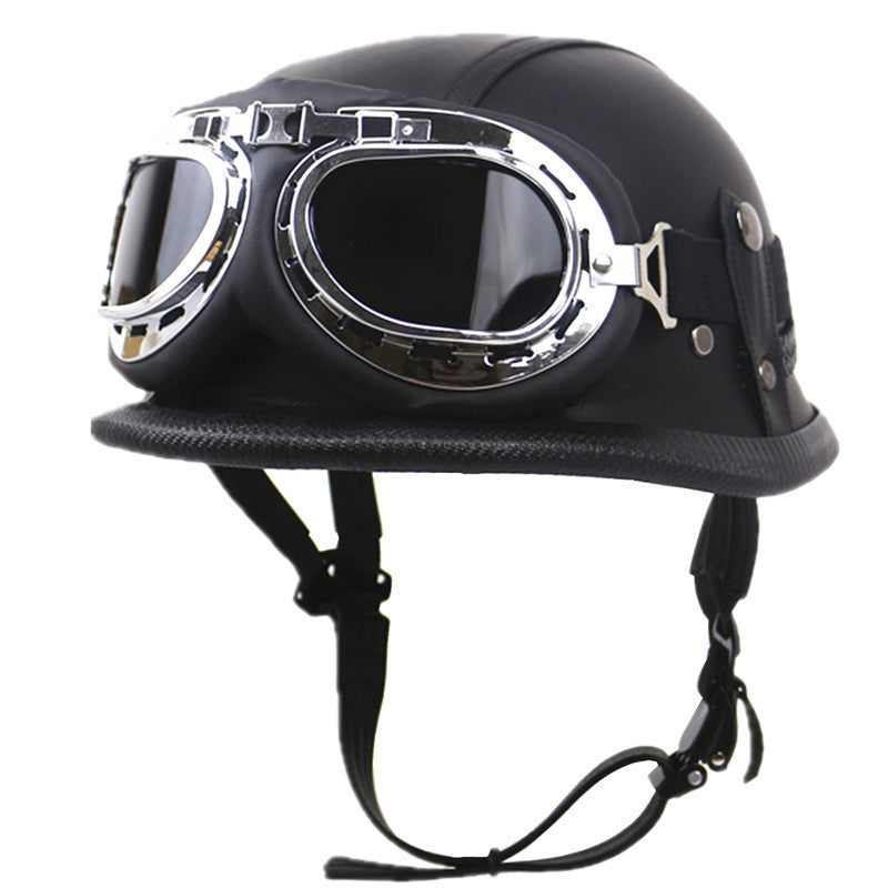 Vintage Leather Biker Helmet with Goggles Bowlift