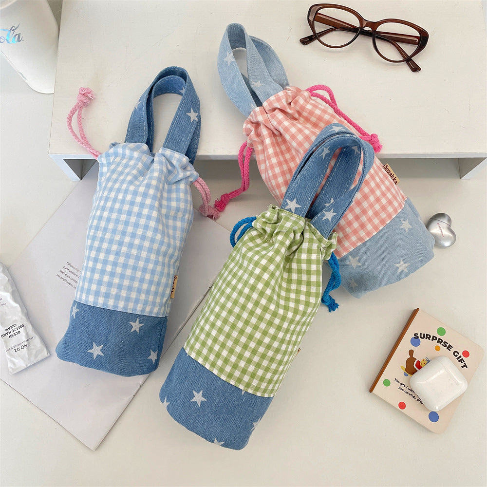 Drawstring Bottle Pouch with Denim Base and Carry Handle Bowlift