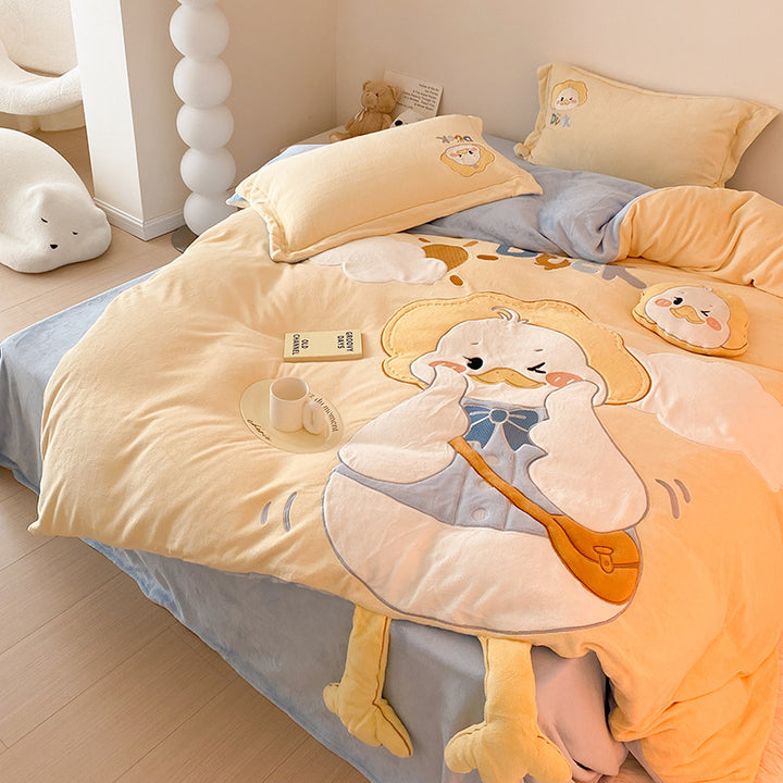 Plush Cartoon Duck Flannel Duvet Cover Bedding Set