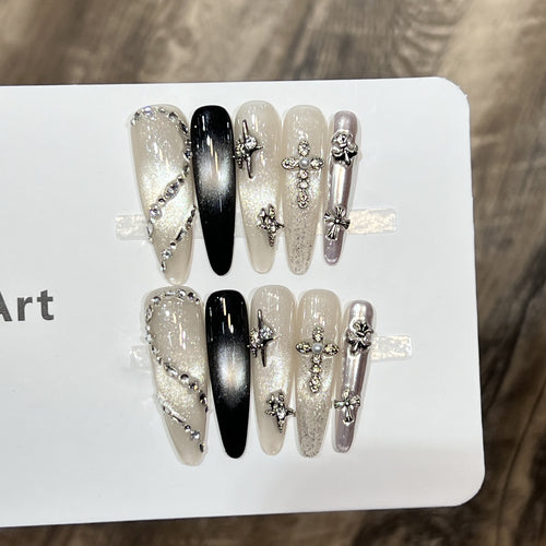 Decorative Stiletto Press-On Nail Set with Starry Accents Bowlift