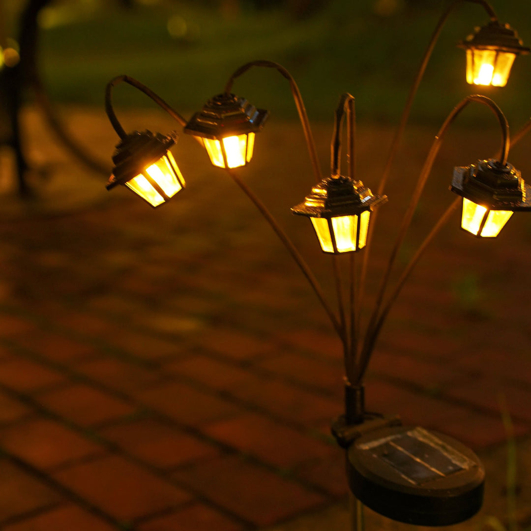 Decorative Multi-Head Solar Garden Stake Lanterns With Warm LED Bowlift
