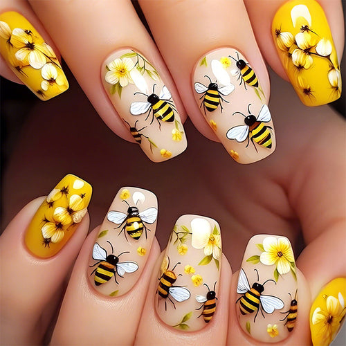 Bee-Themed Press-On Nail Art Set Bowlift