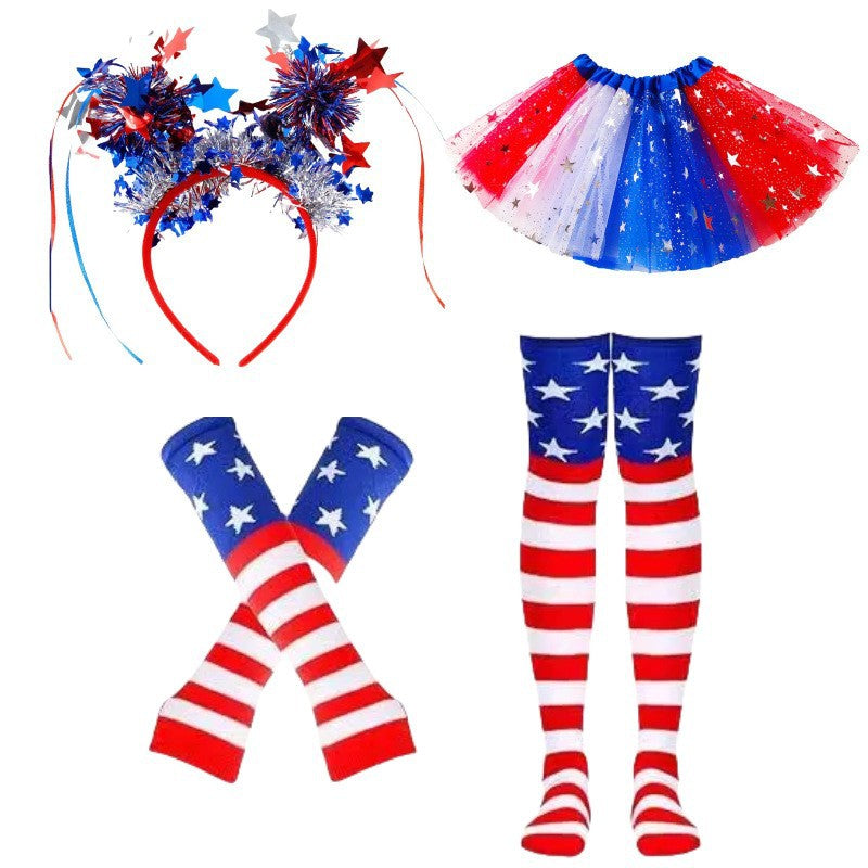 Women's nan patriotic tulle layered mini skirt headband arm sleeves and thigh high socks set Bowlift