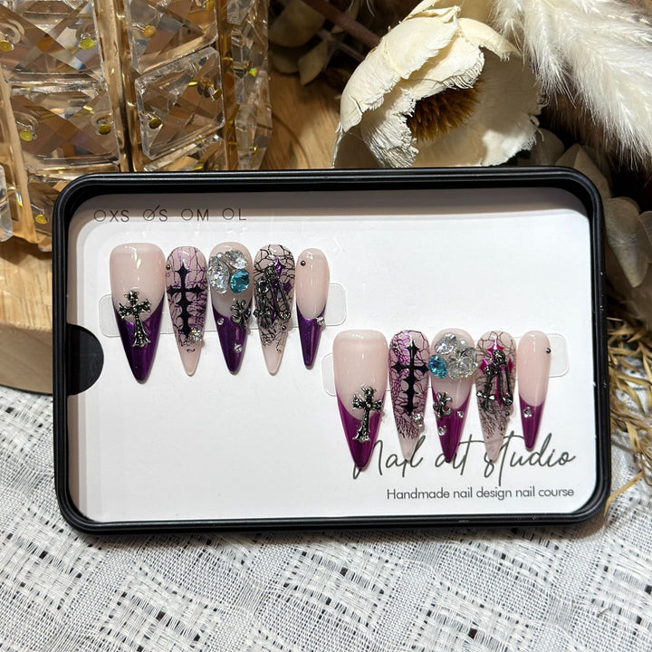 Artistic Stiletto Press-On Nail Set with Unique Floral and Gemstone Accents Bowlift