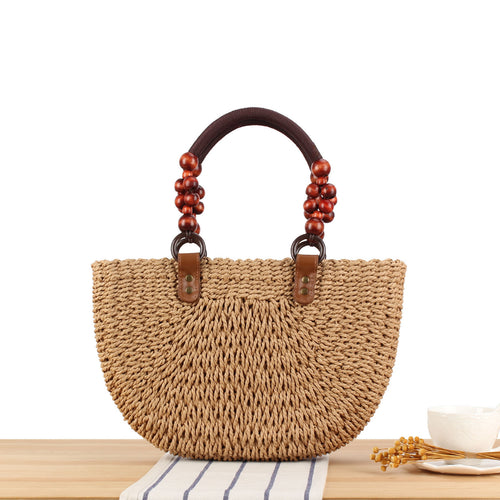 Handbag with Decorative Wooden Beads and Natural Wicker Bowlift