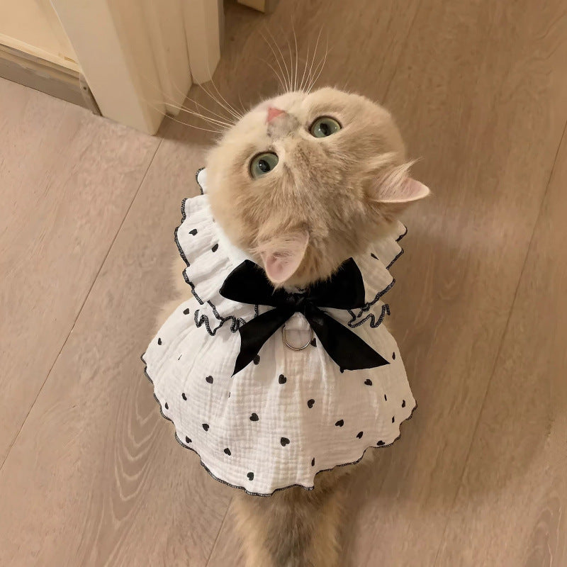 Cat Muslin Frill Dress with Heart Print Bow and Harness Loop Bowlift