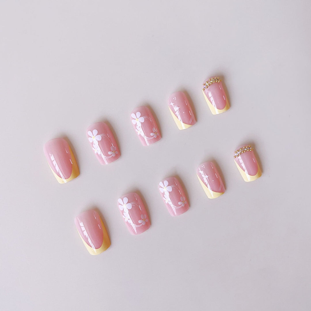 Artificial Nail Set with Floral Pattern and Glitter Bowlift