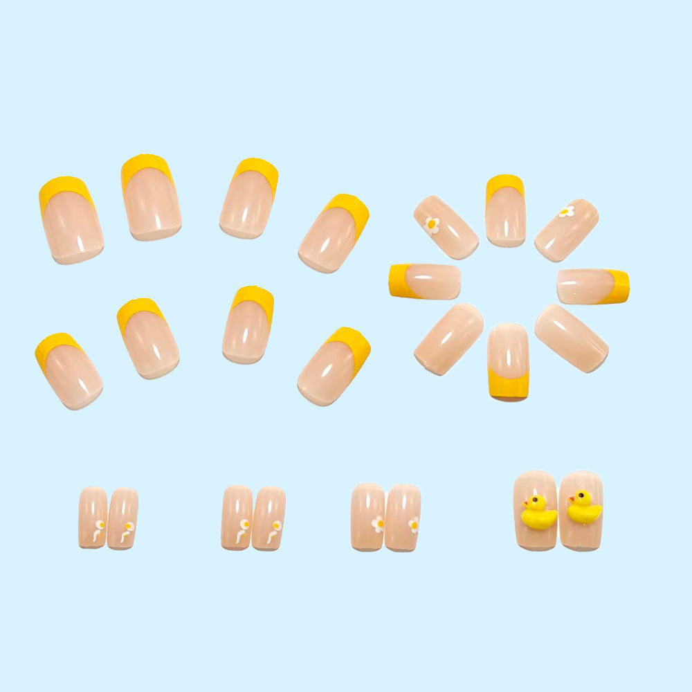 Artificial nails with playful duck design and summery color gradient Bowlift