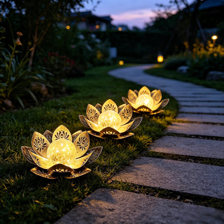 Decorative Solar Lotus LED Garden Lantern With Crackle Glass Globe And Laser-Cut Metal Petals Bowlift