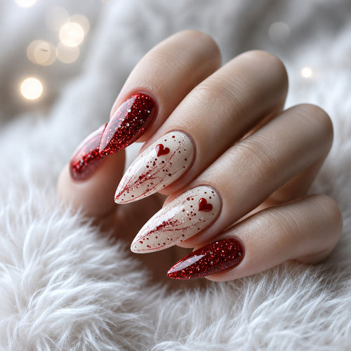 Luxury artificial nails with glitter and heart design Bowlift