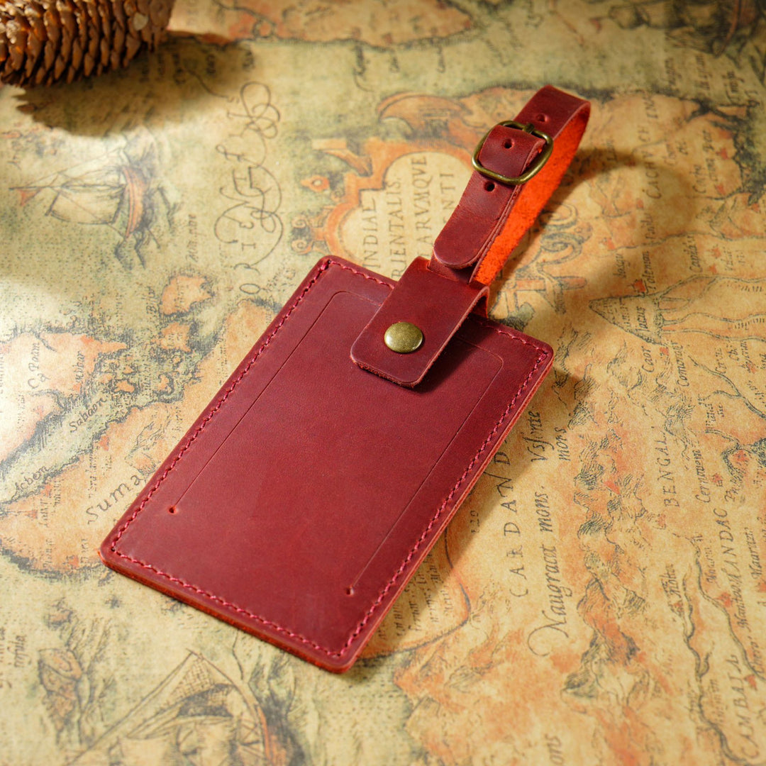 Vintage Full-Grain Leather Luggage Tag with Adjustable Buckle Strap Bowlift