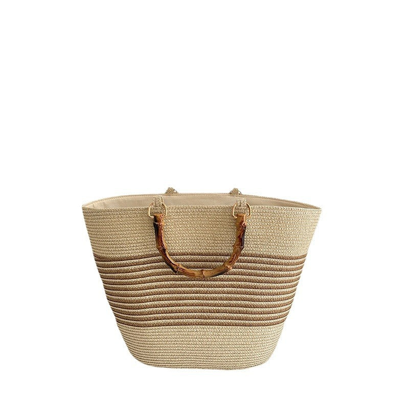 Stylish straw bag with high-quality wooden handle Bowlift