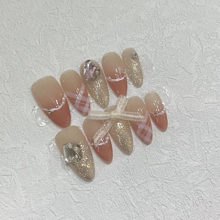 Decorative Stiletto Press-On Nail Art Set with Rhinestone and Glitter Accents Bowlift