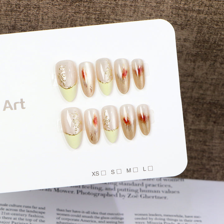 Elegant Press-On Nail Set with Floral Gold Accents Bowlift