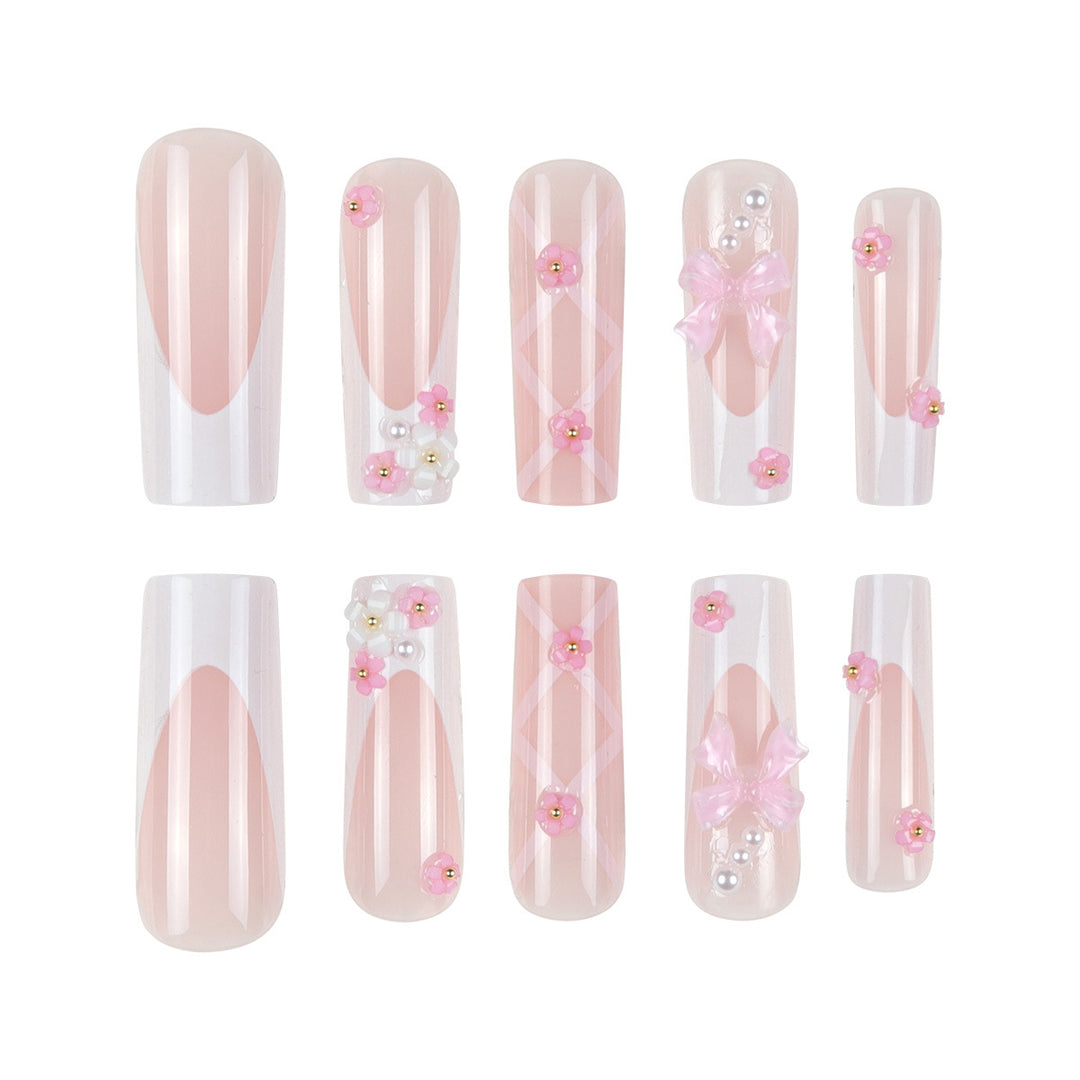 Floral Bow-Embellished Long Press-On Nails Bowlift