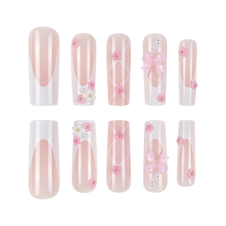 Floral Bow-Embellished Long Press-On Nails Bowlift