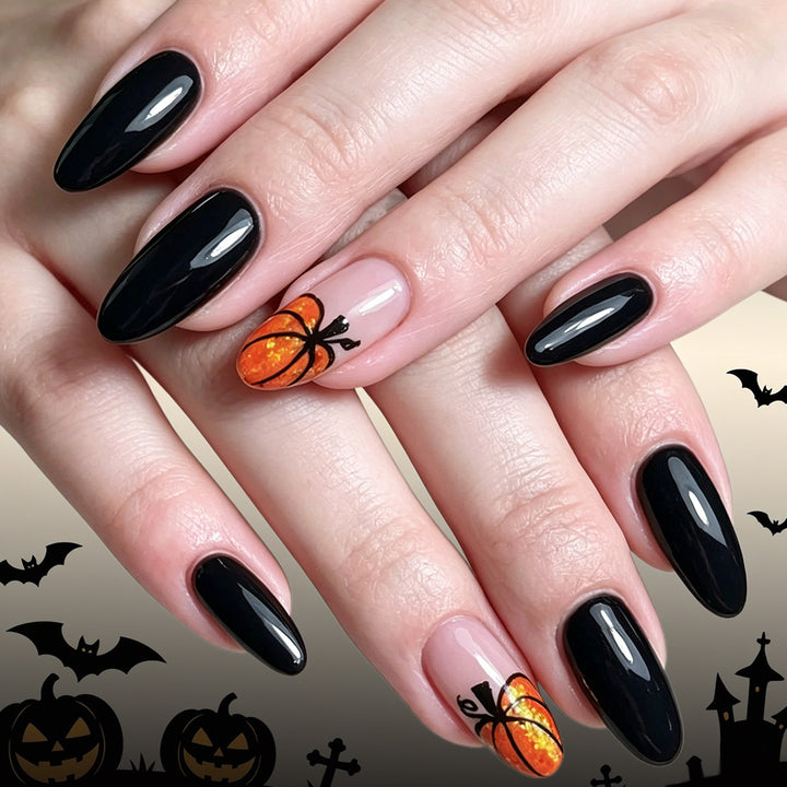 Pumpkin-Themed Artistic Press-On Nail Set Bowlift
