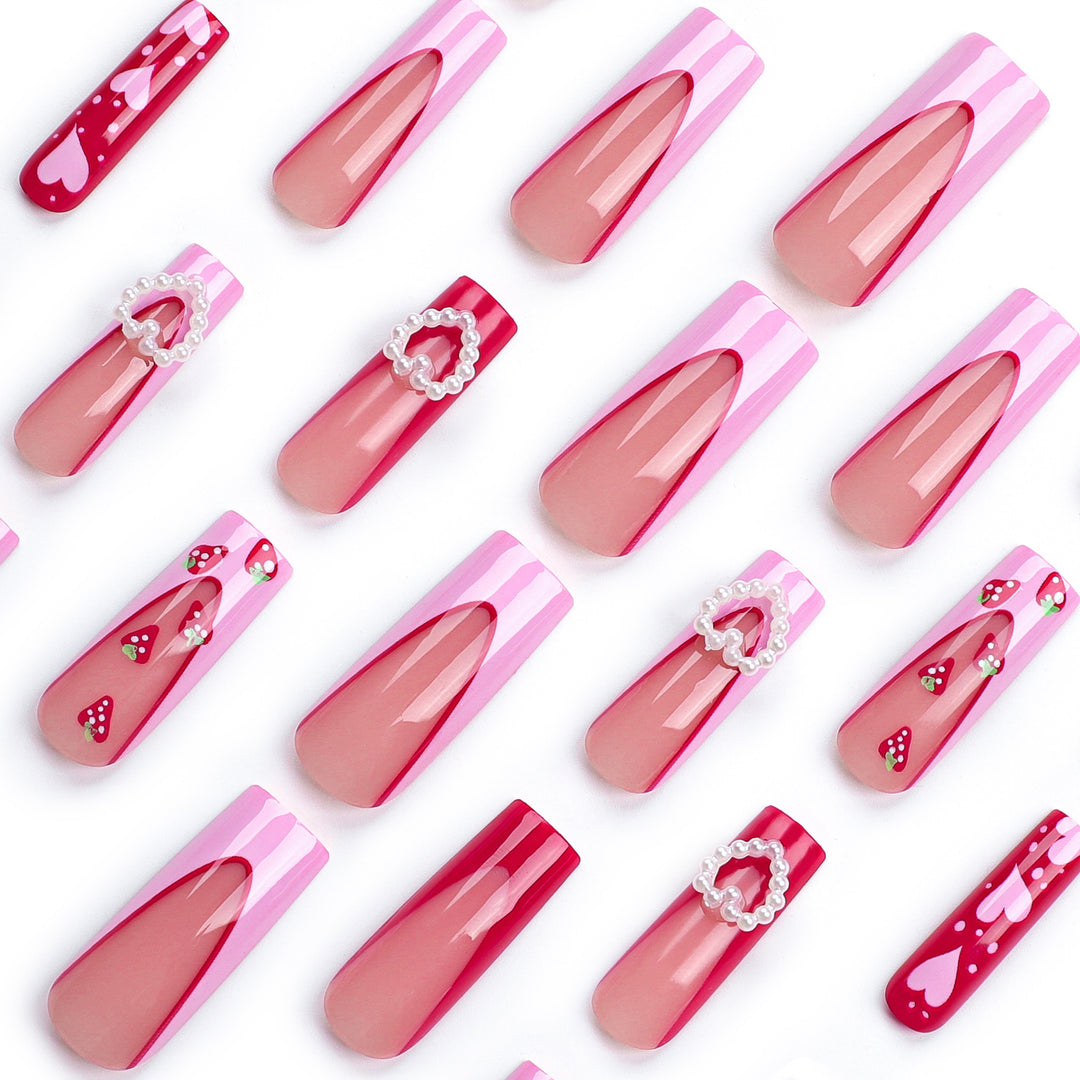 Artistic Nail Extensions with Heart and Strawberry Design Bowlift