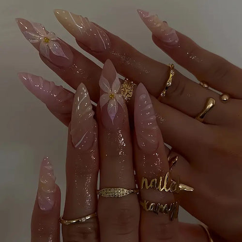 Artistic Press-On Nail Set with Floral Design Bowlift