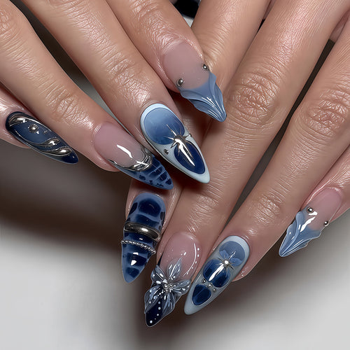 Artificial nail set with elegant maritime design and sparkling embellishments Bowlift