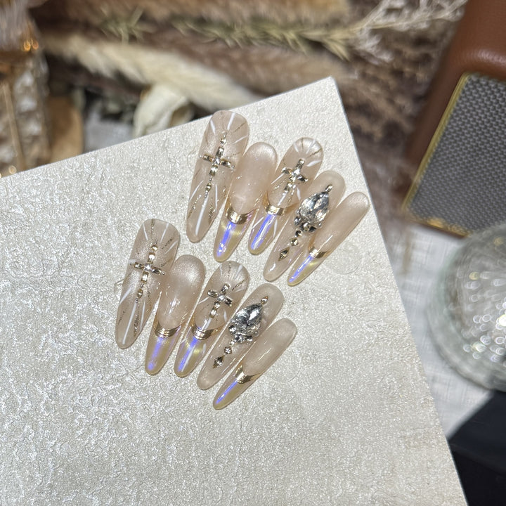 Premium Stiletto Press-On Nail Art Set with Gemstone Accents Bowlift
