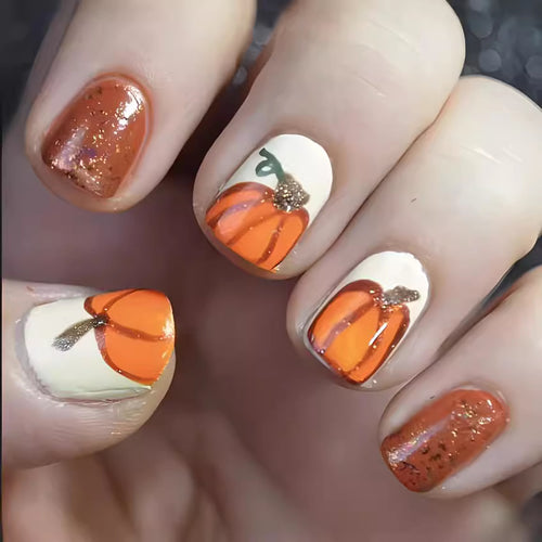 Festive Pumpkin-Themed Press-On Nail Art Bowlift