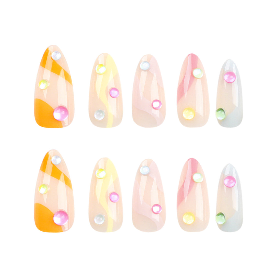 Artistic Nail Extensions with Colorful Design and Glitter Accents Bowlift