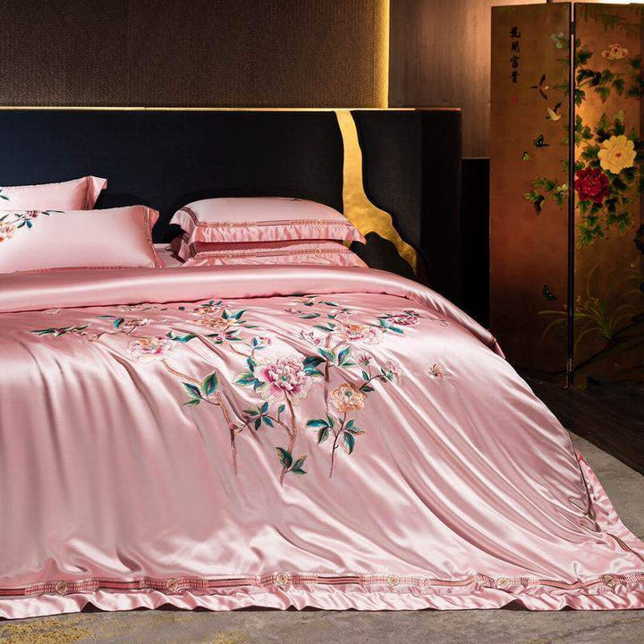 Embroidered Satin Floral Duvet Cover Bedding Set with Ruffled Satin Border
